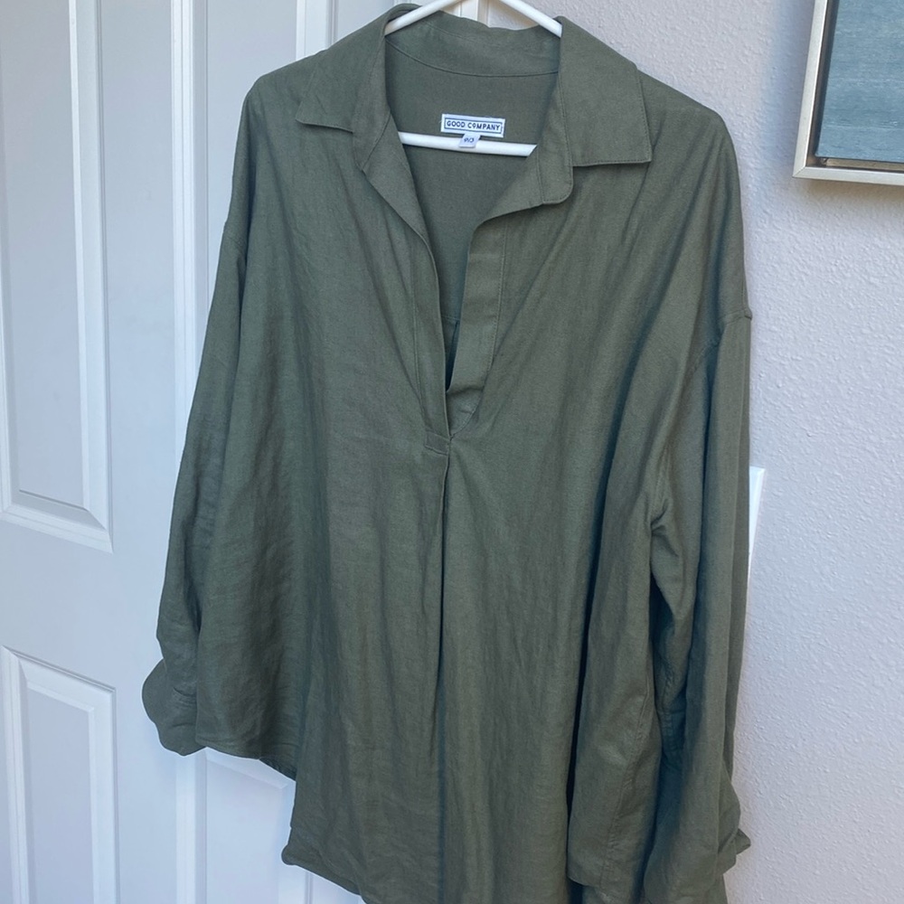SBJ / GOOD COMPANY tunic blouse in olive green linen/rayon
